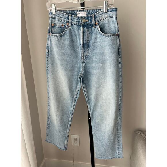 Zara Crop TRF HIGH RISE WIDE‎ LEG JEANS light wash - Picture 1 of 6